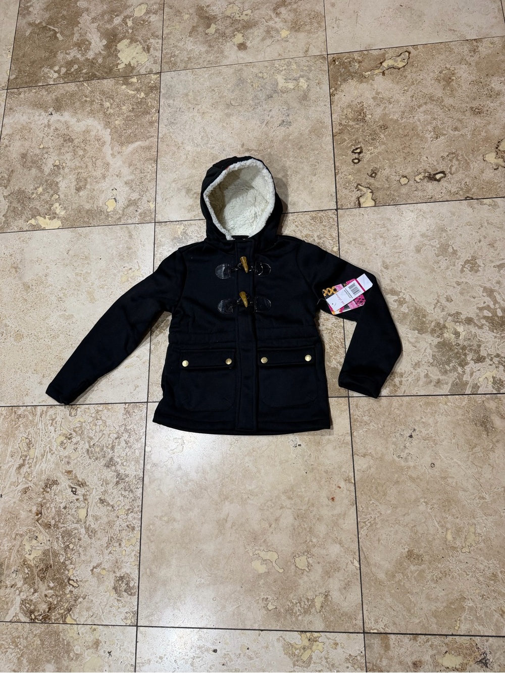 Pink Platinum Black Kids Hooded Pea Coat with Sherpa Lining